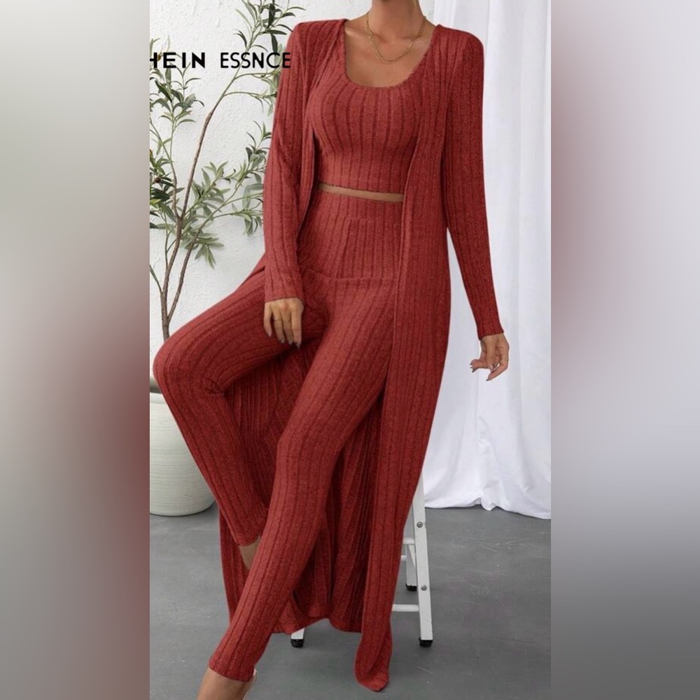 SHEIN Rust Ribbed Knit 3-Piece Legging Set